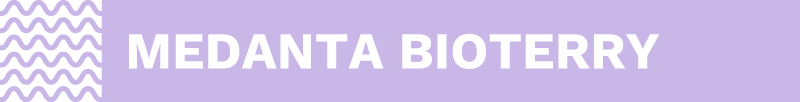 Medanta Bioterry -tekstigrafiikka, violetti tausta ja valkoinen teksti