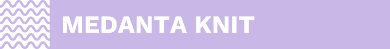 Medanta Knit -tekstigrafiikka, valkoisella tekstillä ja violetilla taustalla