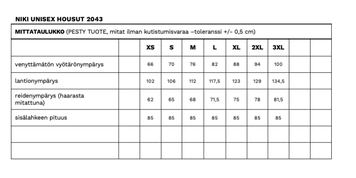 Niki unisex housujen mittataulukko