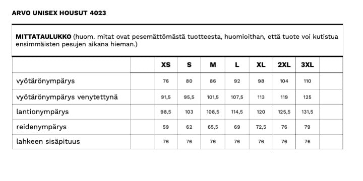Arvo unisex housujen mittataulukko