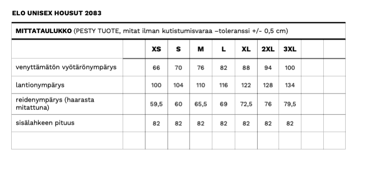 Elo unisex housujen mittataulukko