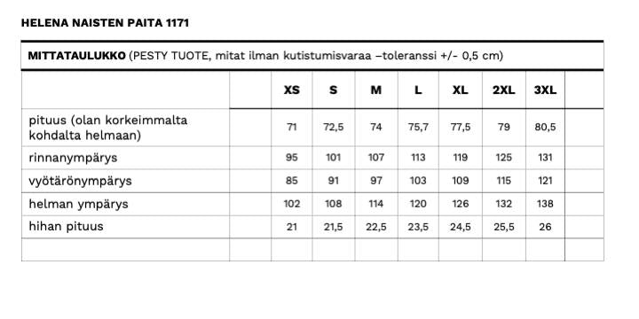 Helena naisten paidan mittataulukko