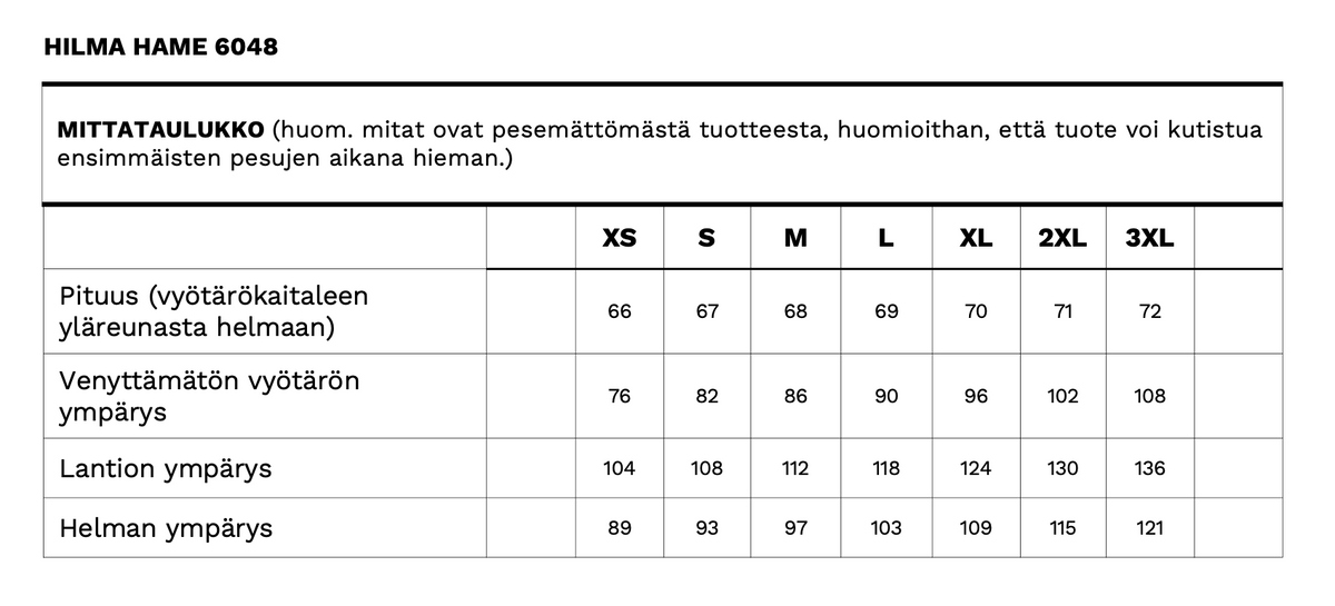 Hilma hameen mittataulukko
