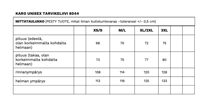 Karo unisex tarvikeliivin mittataulukko