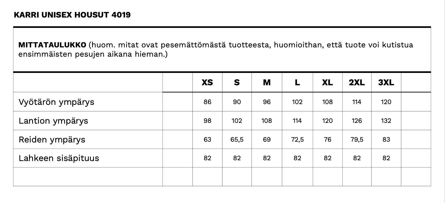 Karri unisex housujen mittataulukko