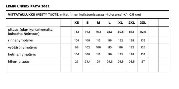 Lempi unisex paidan mittataulukko