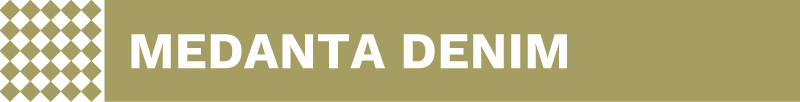 Medanta Denim -tekstigrafiikka, valkoisella tekstillä ja oliivinvärisellä taustalla