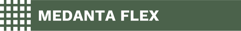 Medanta Flex -tekstigrafiikka, valkoisella tekstillä ja tummanvihreällä taustalla