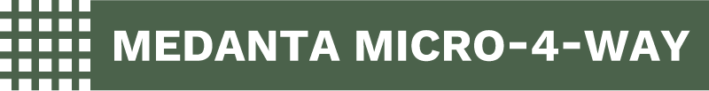 Medanta Micro-4-Way -tekstigrafiikka, valkoisella tekstillä ja tummanvihreällä taustalla
