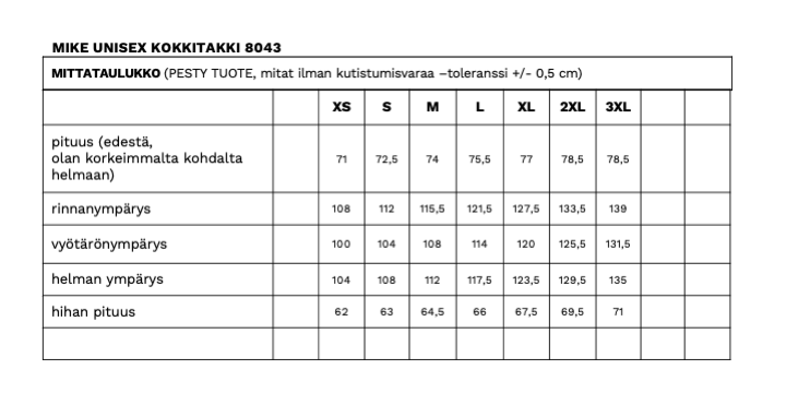 Mike unisex kokkitakin mittataulukko