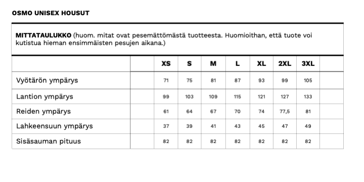 Osmo unisex housujen mittataulukko