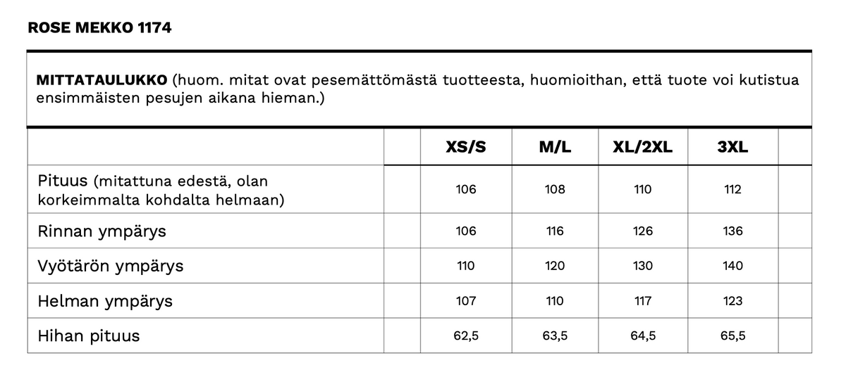 Rose naisten mekon mittataulukko
