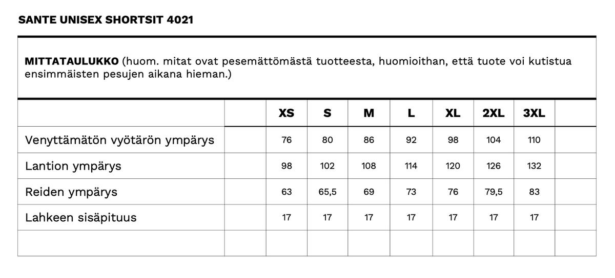 Sante unisex shortsien mittataulukko