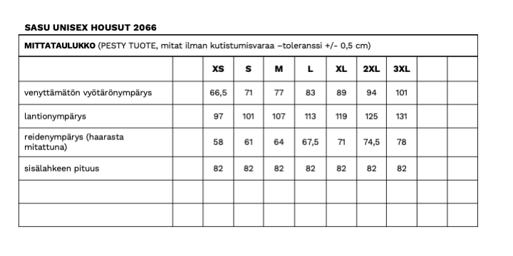 Sasu unisex työhousujen mittataulukko