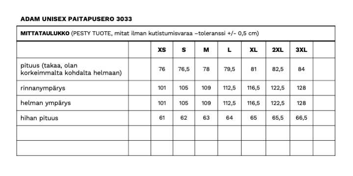 Adam unisex paitapuseron mittataulukko