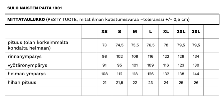 Sulo naistenpaidan mittataulukko