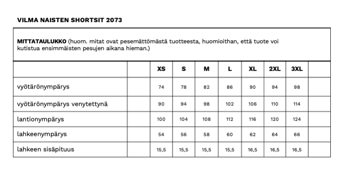 Vilma naisten shortsien mittataulukko