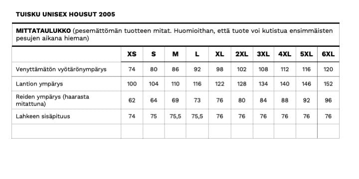 Kokotaulukko Medantan Tuisku Unisex Housulle, joka on hoito-ja hoivala-alan työntekijöiden suosikki. Housun mitoitus kulkee XS-6XL asti. 