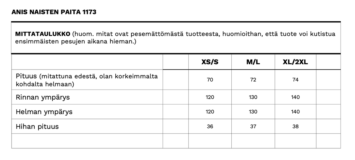 Anis naisten kauluspaidan mittataulukko