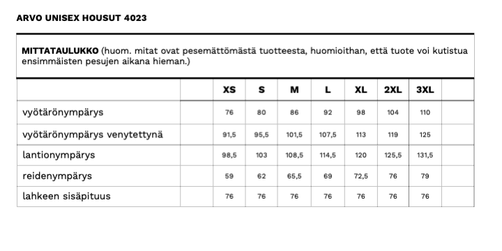 Arvo unisex housujen mittataulukko