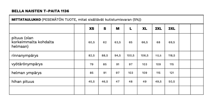 Bella naisten t-paidan mittataulukko