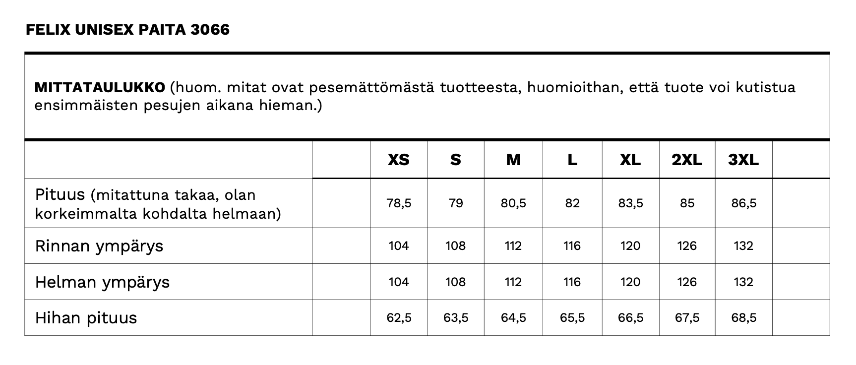 Felix unisex paitapuseron mittataulukko