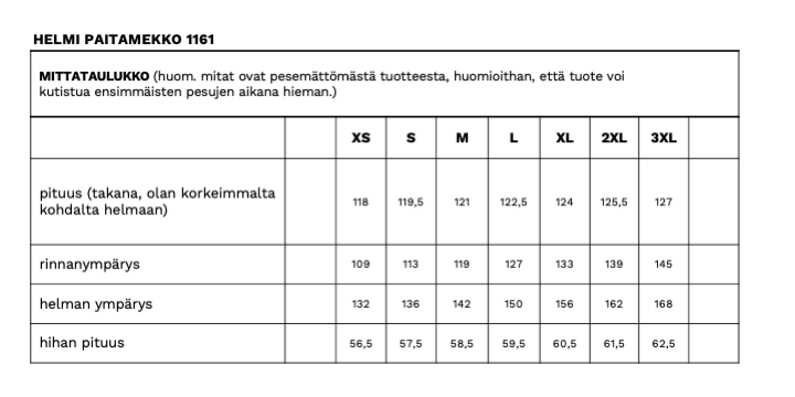 Helmi paitamekon mittataulukko