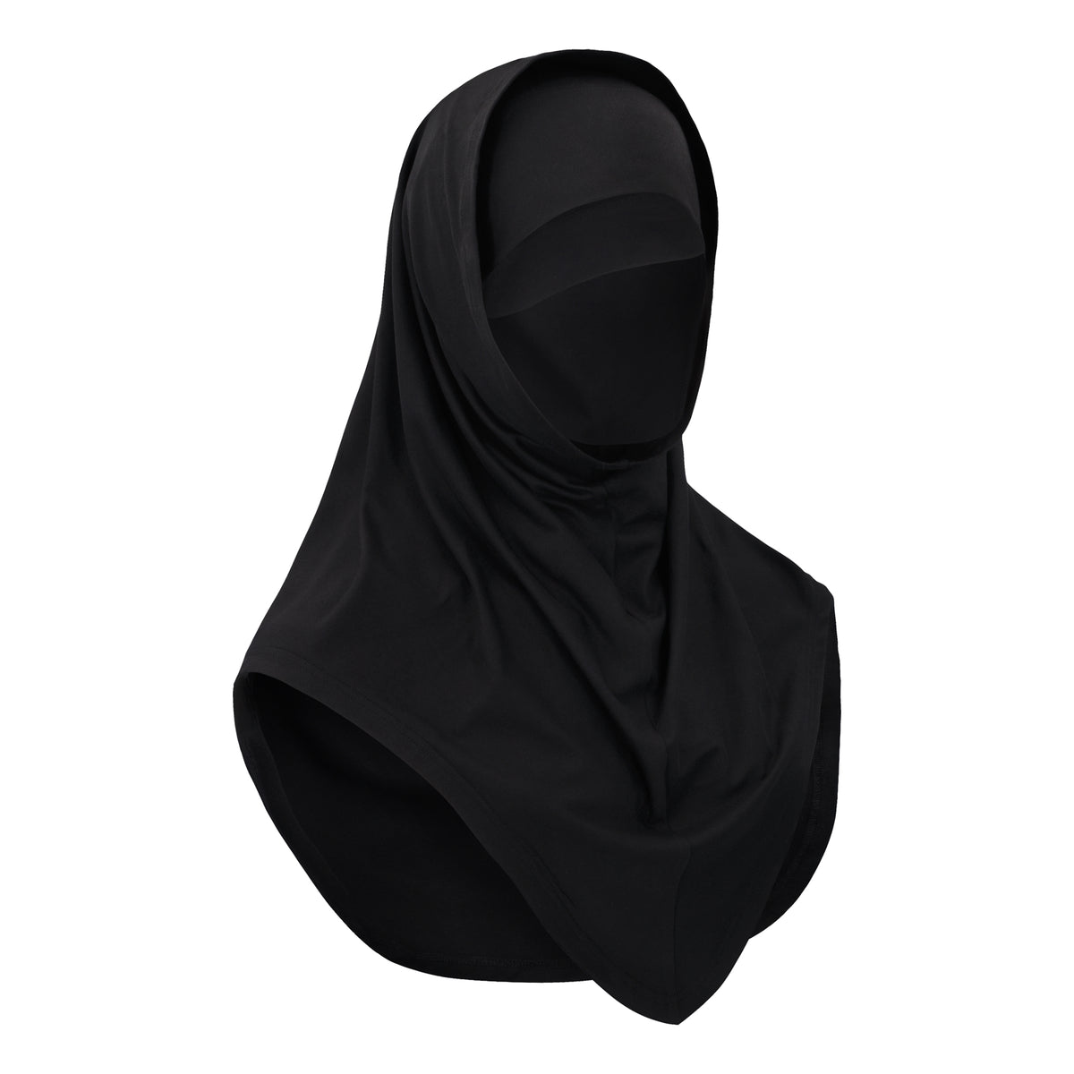 Kuvassa musta hiukset ja kaulan peittävä Iida hijab-huivi.