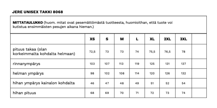 Jere unisex työtakin mittataulukko