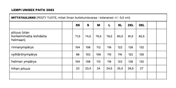 Lempi unisex paidan mittataulukko