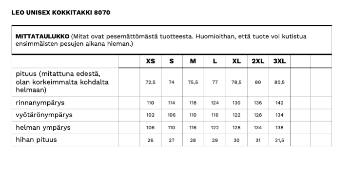 Leo unisex kokkitakin mittataulukko