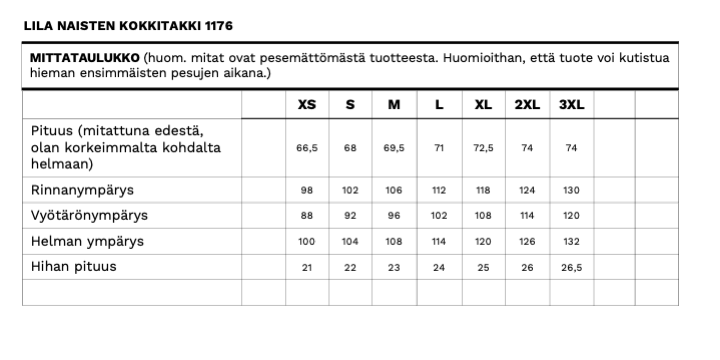 Lila naisten kokkitakin mittataulukko