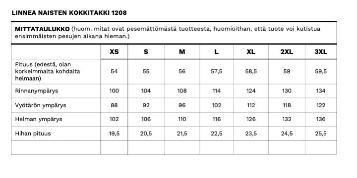 Linnea kokkitakin mittataulukko