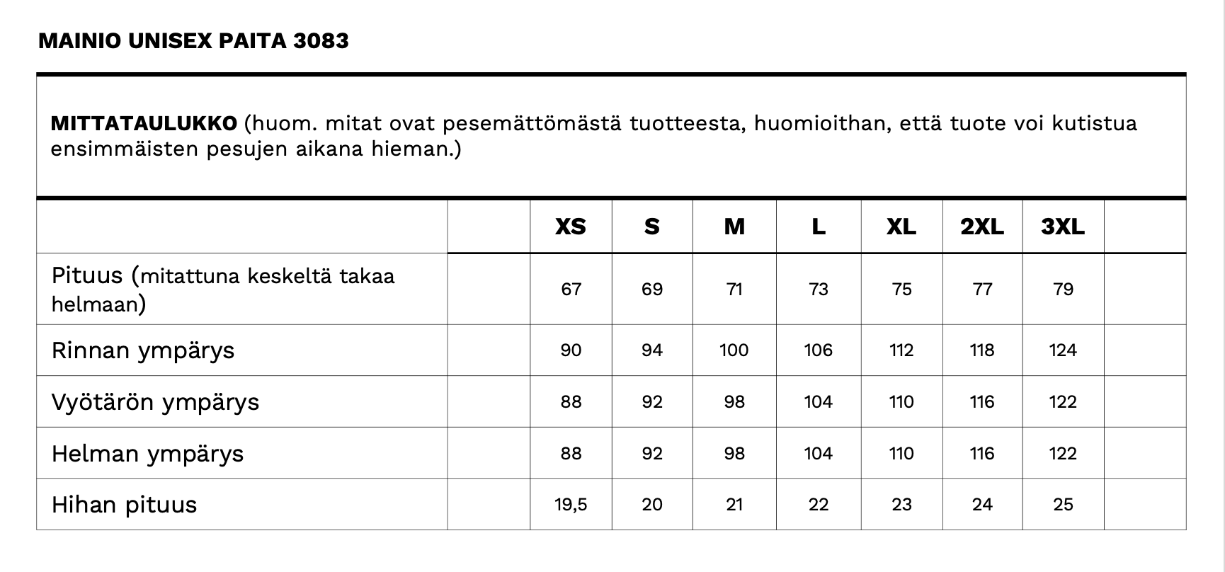 Kuvassa näkyy mainio pikee t-paidan mittataulukko.