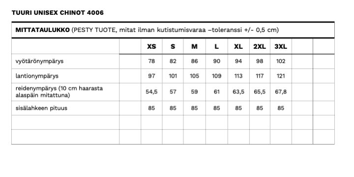 Tuuri unisex chinojen mittataulukko