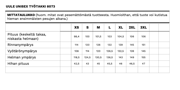 Uule unisex lääkärintakin mittataulukko