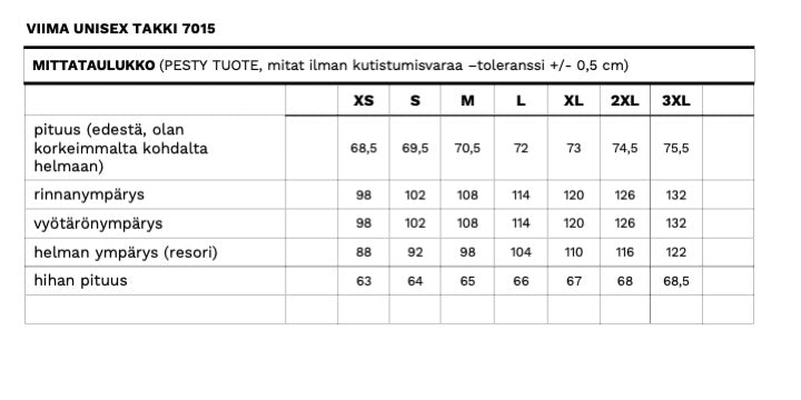 Viima vilutakin mittataulukko