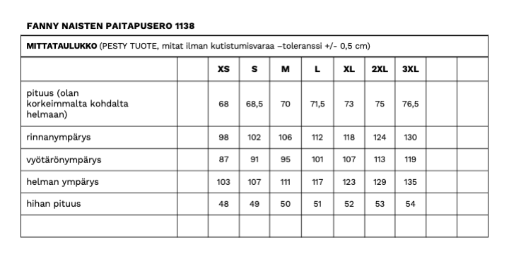 Fanny naisten paitapuseron mittataulukko