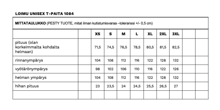 Loimu unisex t-paidan mittataulukko