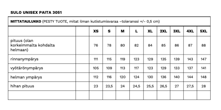 Sulo unisex paidan mittataulukko