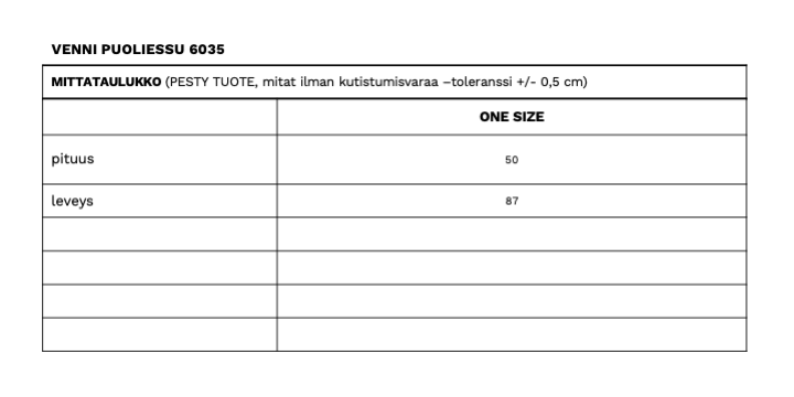 venni puoliessun mittataulukko