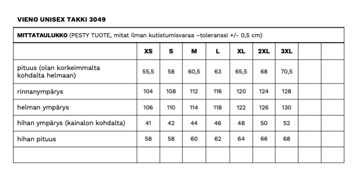 Vieno unisex takin mittataulukko