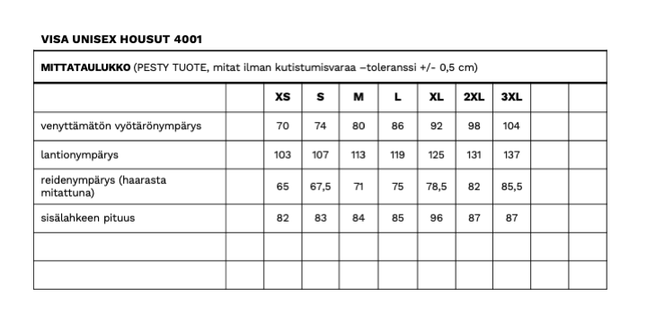 Visa unisex housujen mittataulukko